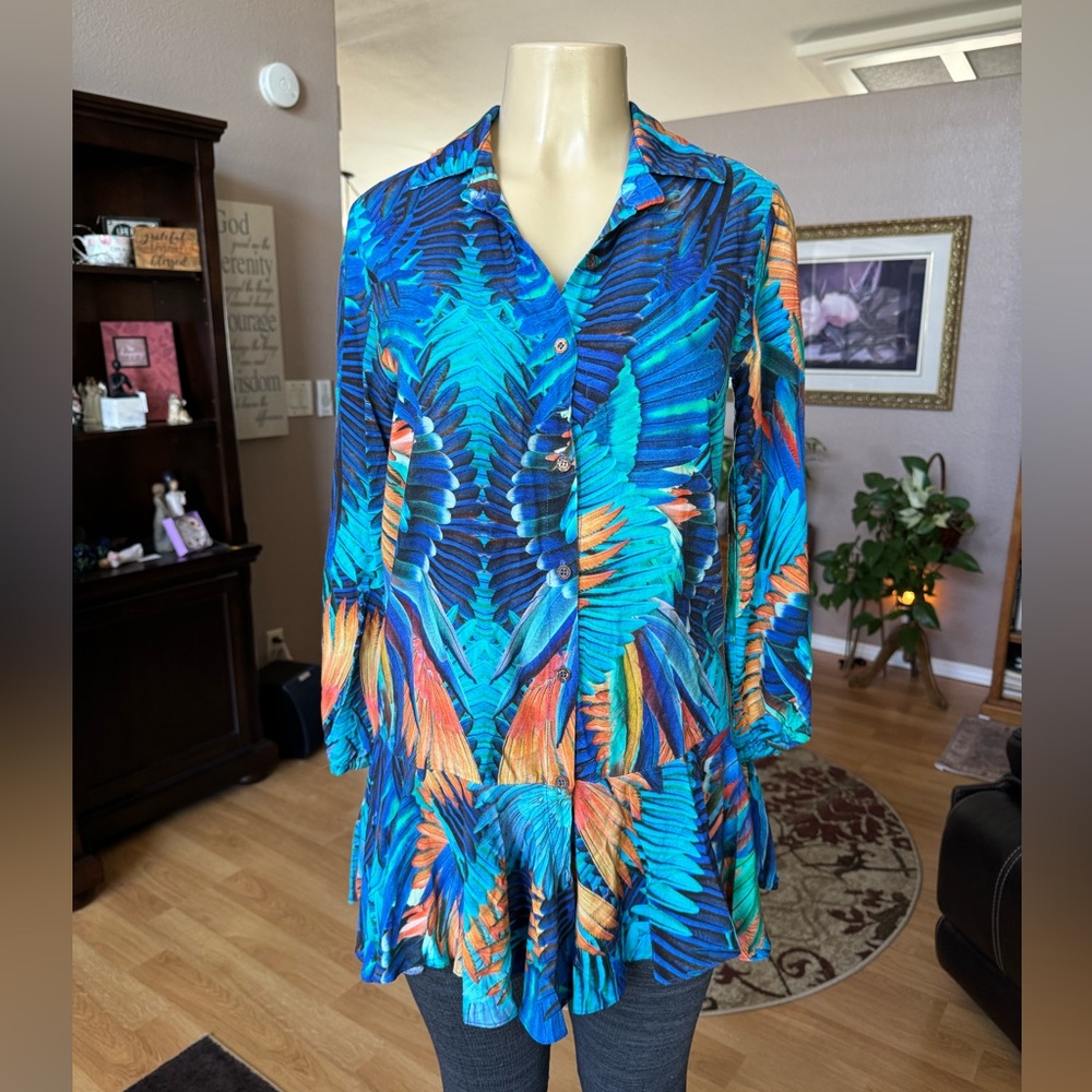 Blueman blue, orange & green long sleeve blouse-size M